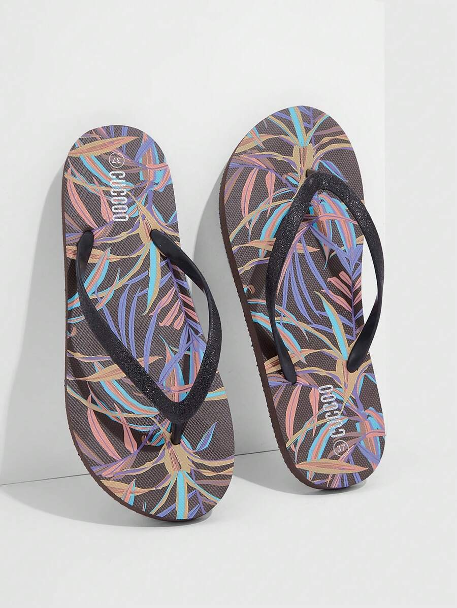 Woman Shoes Leaf Pattern Toe Post Fashion Lightweight Outdoor Black PVC Flip Flops For Summer Vacation Shoes Summer Spring Shoes Spring Break Easter For Casual Beach Style