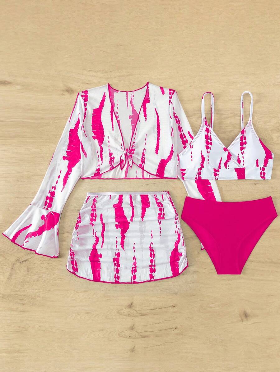 Ensemble bikini à imprimé tout-aller avec cache-maillot à volants pour adolescentes, ensemble assorti pour l'été et la plage
