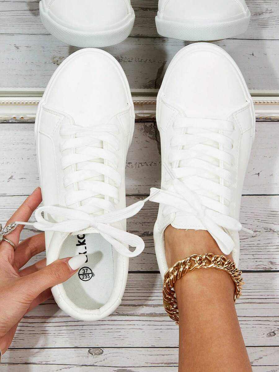 Lace-up Front Skate Shoes, White Athletic Sneakers With Solid Color Laces For Women's Casual Sporting