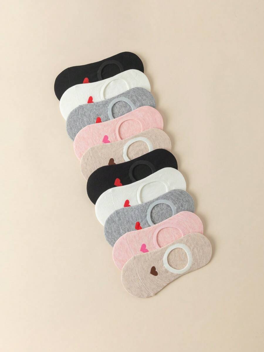 10pairs Women Heart Pattern Casual Invisible Socks, For Summer