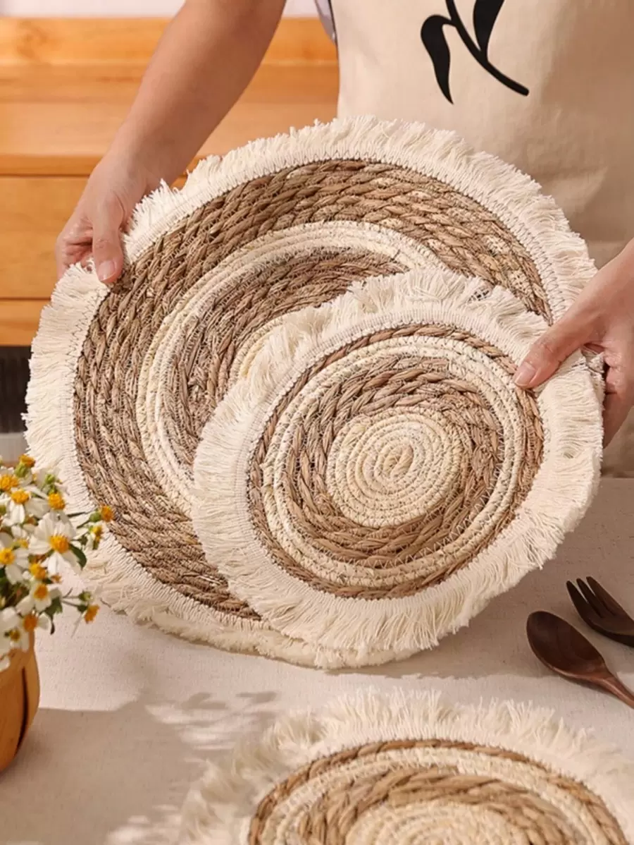 Práctico de costa de la paja de 1 pieza, posavasos de la bebida del ajuste de la franja del diseño tejido Boho para la mesa de comedor