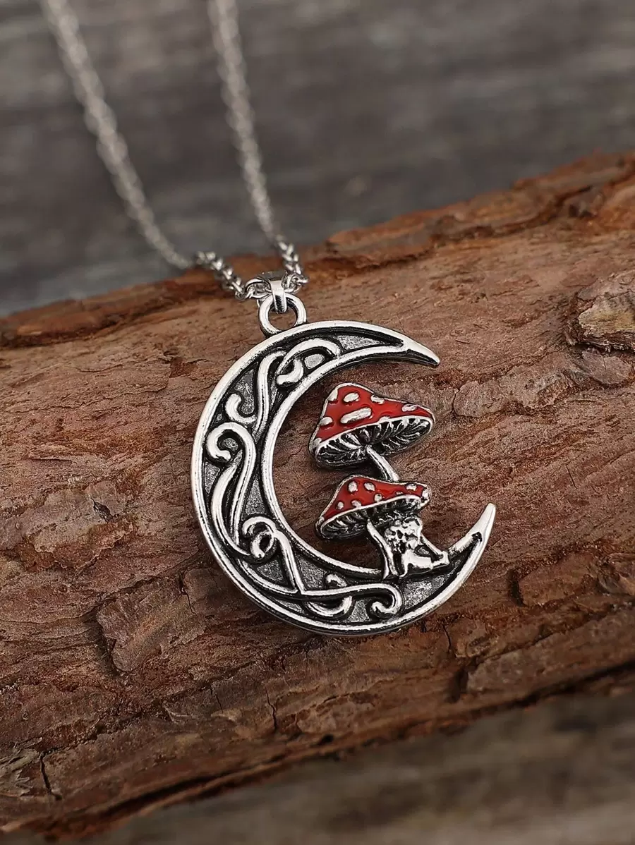 1pc Boho Zinc Alloy Mushroom Decor Moon Charm Necklace For Women For Gift
