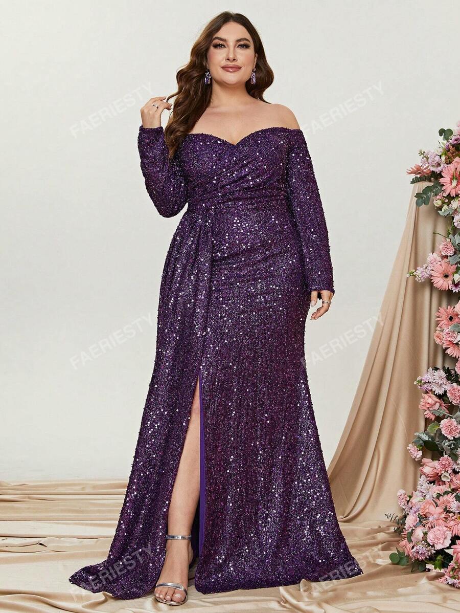 Faeriesty Plus Off Shoulder Draped Side Split Thigh Sequin Formal Dress Elegant Long Sleeve Prom Evening Wedding Guest Gown, For Graduation, Dinner Party Dress