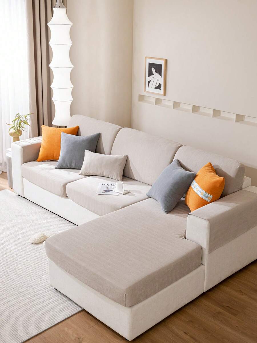1pc Jacquard Non-slip Sofa Seat Cover, Beige Polyester Sofa Seat Dust Cover, For All Season