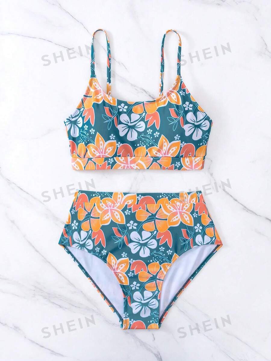 Shein Swim Vcay Random Floral Print Bikini Set Wireless Bra Top High Waist Bikini Bottom