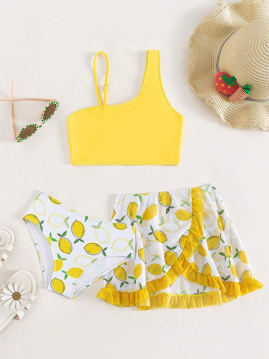 Tween Girl Lemon Print Bikini Set With Ruffle Hem Beach Skirt Summer
