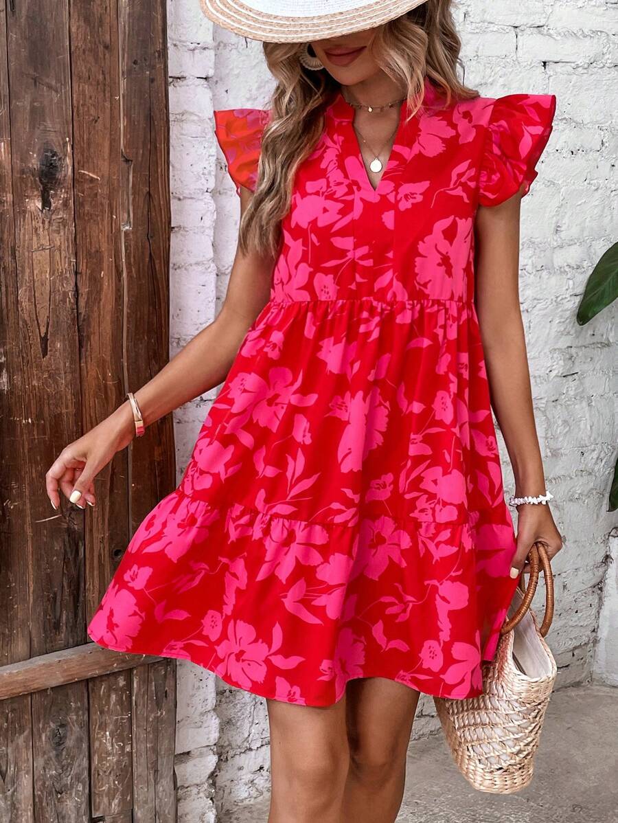 Breezaya Floral Print Butterfly Sleeve Ruffle Hem Smock Dress For New Year Clothes Vacation Beach Outfits Women