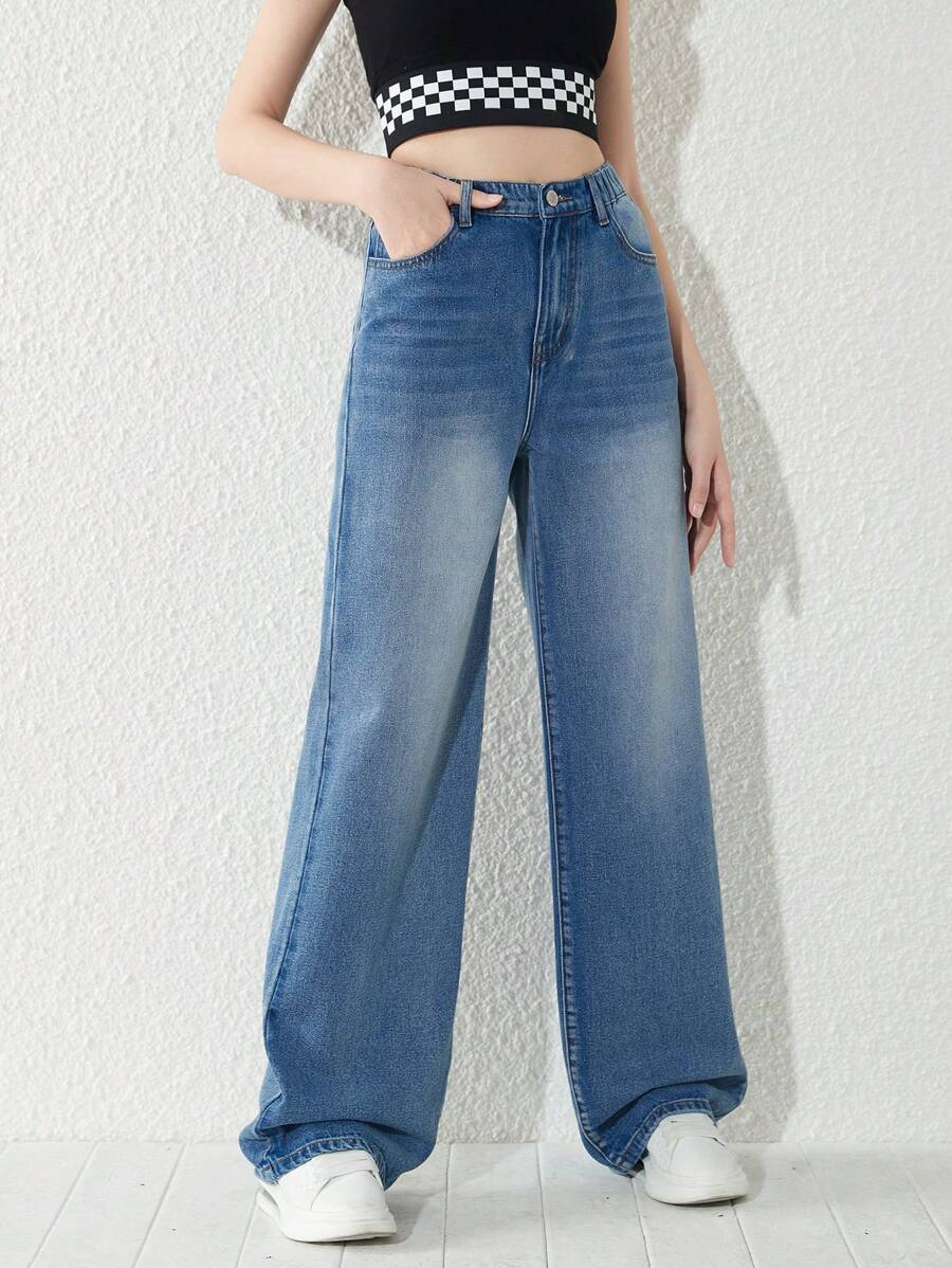 Chicas adolescentes Jeans con bolsillo oblicuo de pierna ancha