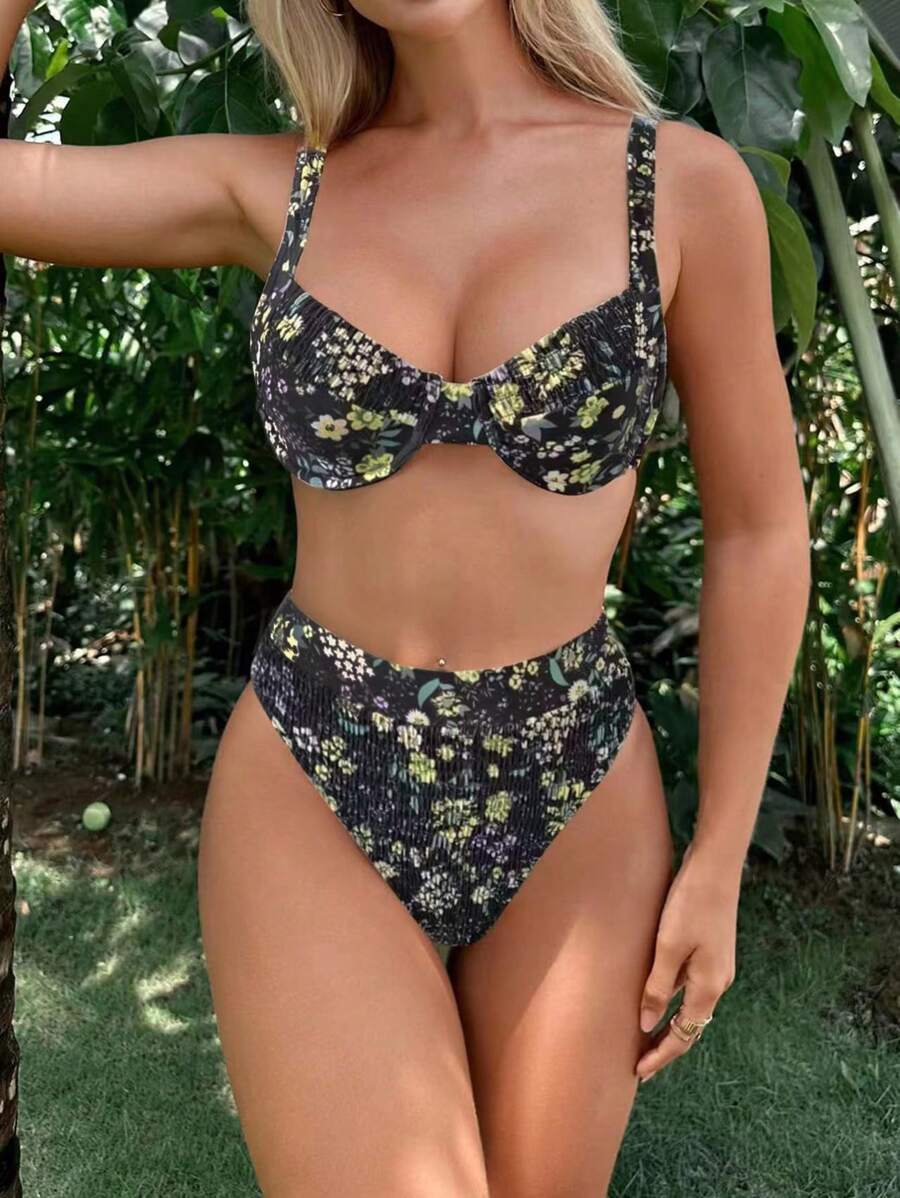 Shein Swim Floral Print Bikini Set Smocked Adjustable Strap Underwire Bra High Waisted Bottom