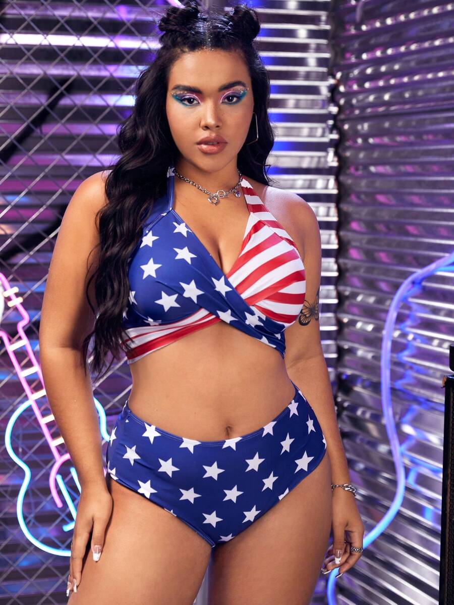 Shein Plus Size Americana Print Twist Front Halter Bikini Set Summer