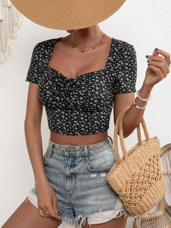 SHEIN X Madison Ditsy Floral Print Sweetheart Neck Crop Tee SHEIN USA