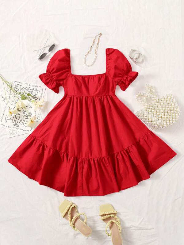 SHEIN WYWH Square Neck Puff Sleeve Ruffle Hem Dress SHEIN USA