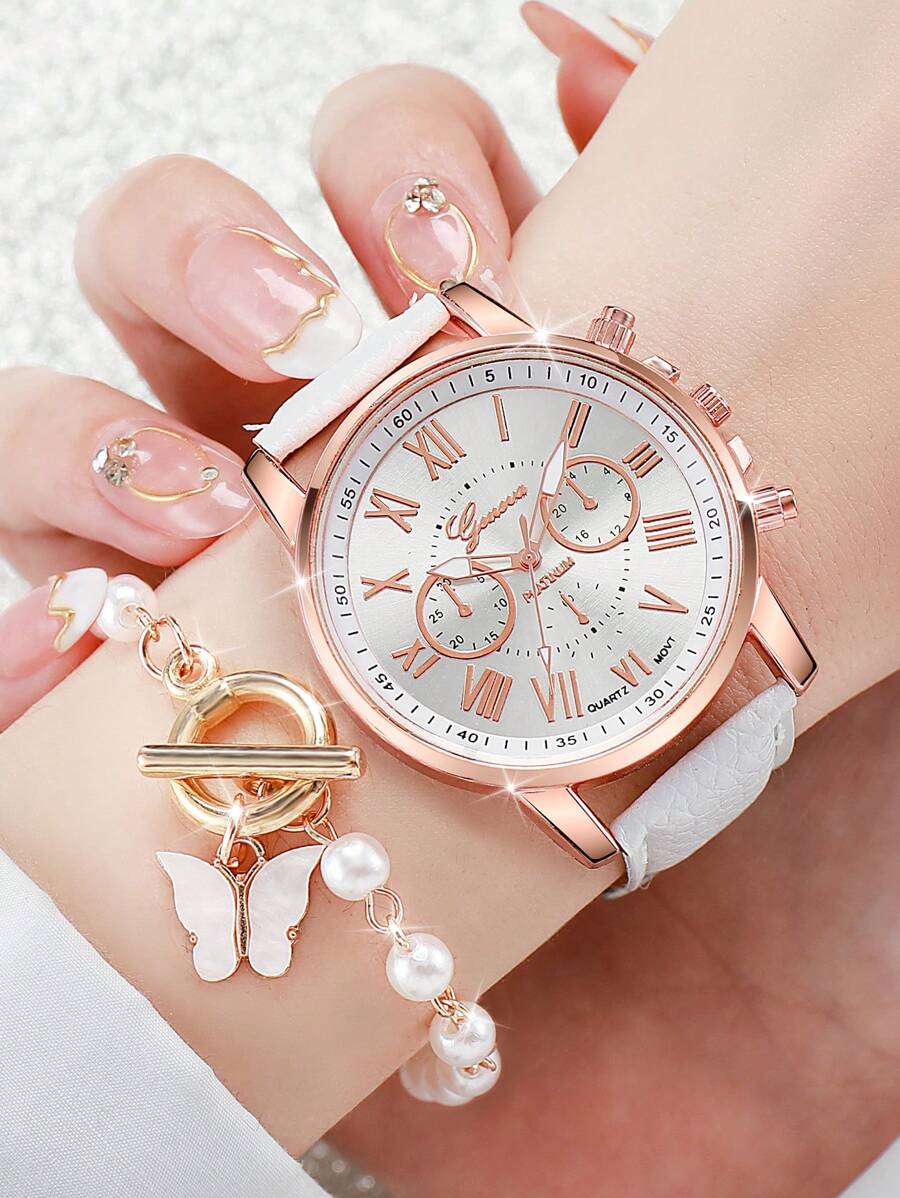 Conjunto de 2 relógios de quartzo femininos casuais com mostrador de três olhos e numerais romanos, com pulseira e pulseira de pérola borboleta, sem caixa
