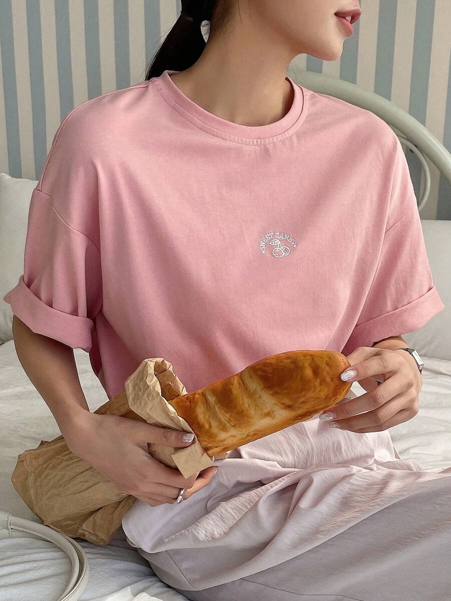 DAZY Letter & Cherry Embroidery Drop Shoulder Tee