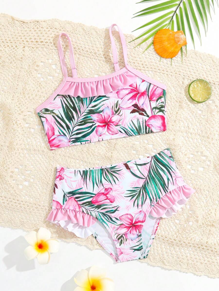 Ensemble de bikini à volants avec imprimé tropical pour jeune fille, plage d\'été