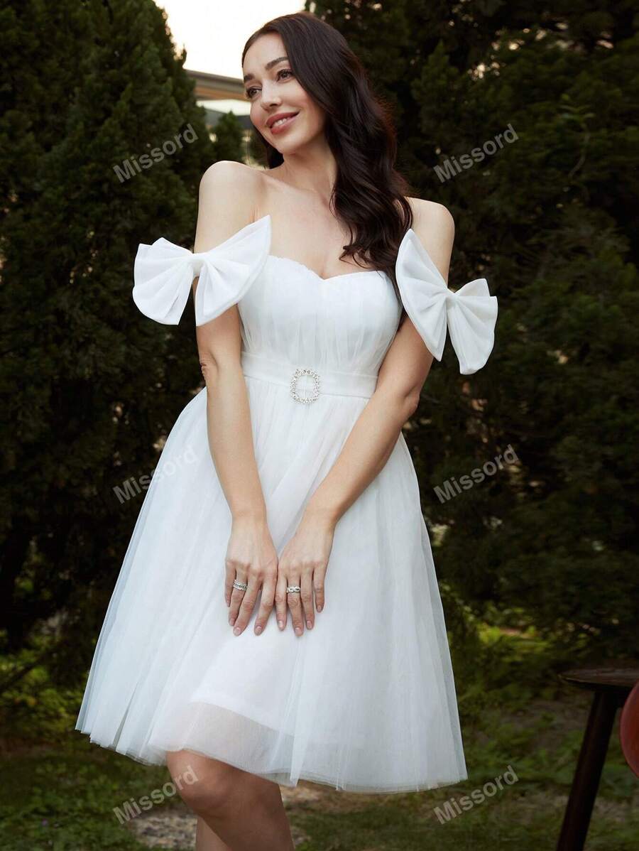 Missord Bow Detail Belted Mesh Overlay Dress