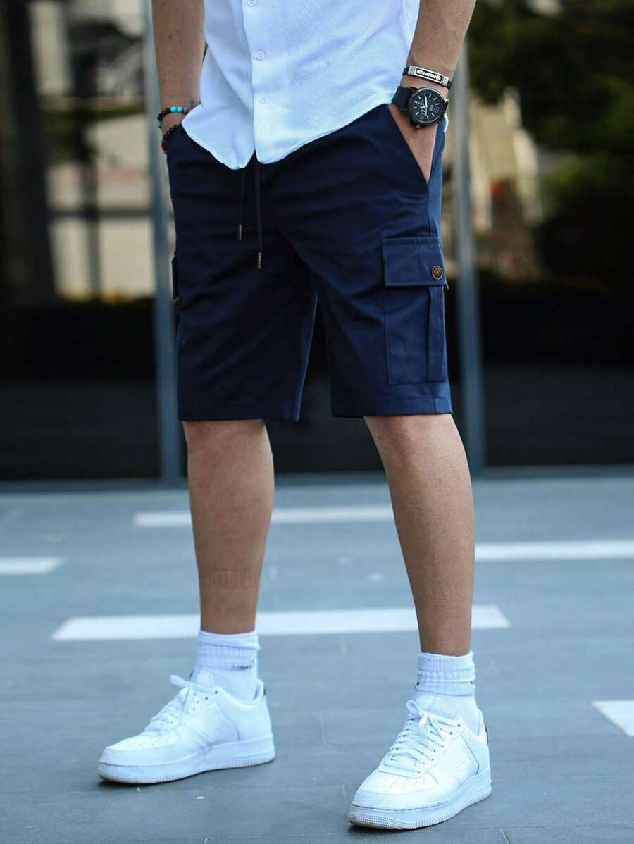 Manfinity Homme Men Flap Pocket Drawstring Waist Cargo Shorts Going Out Plain Shorts, For Husband, Boyfriend Gifts, Back To School