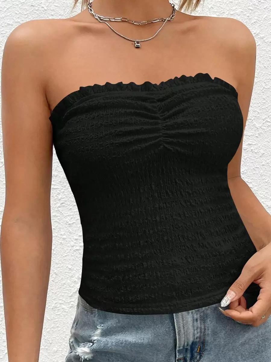 SHEIN EZwear Ruched Bust Frill Trim Tube Top
