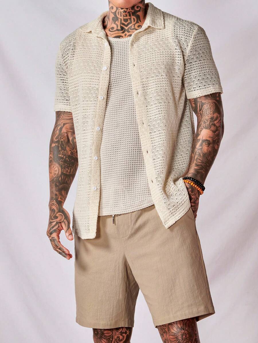 Manfinity VCAY Camicia in cotone tinta unita uomo e pantaloncini con vita con coulisse e canottiera, stile boho, vacanza, tinta unita