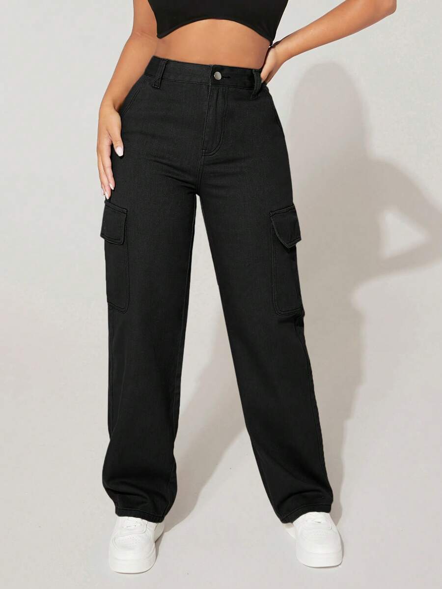 SHEIN PETITE High Waist Flap Pocket Cargo Jeans