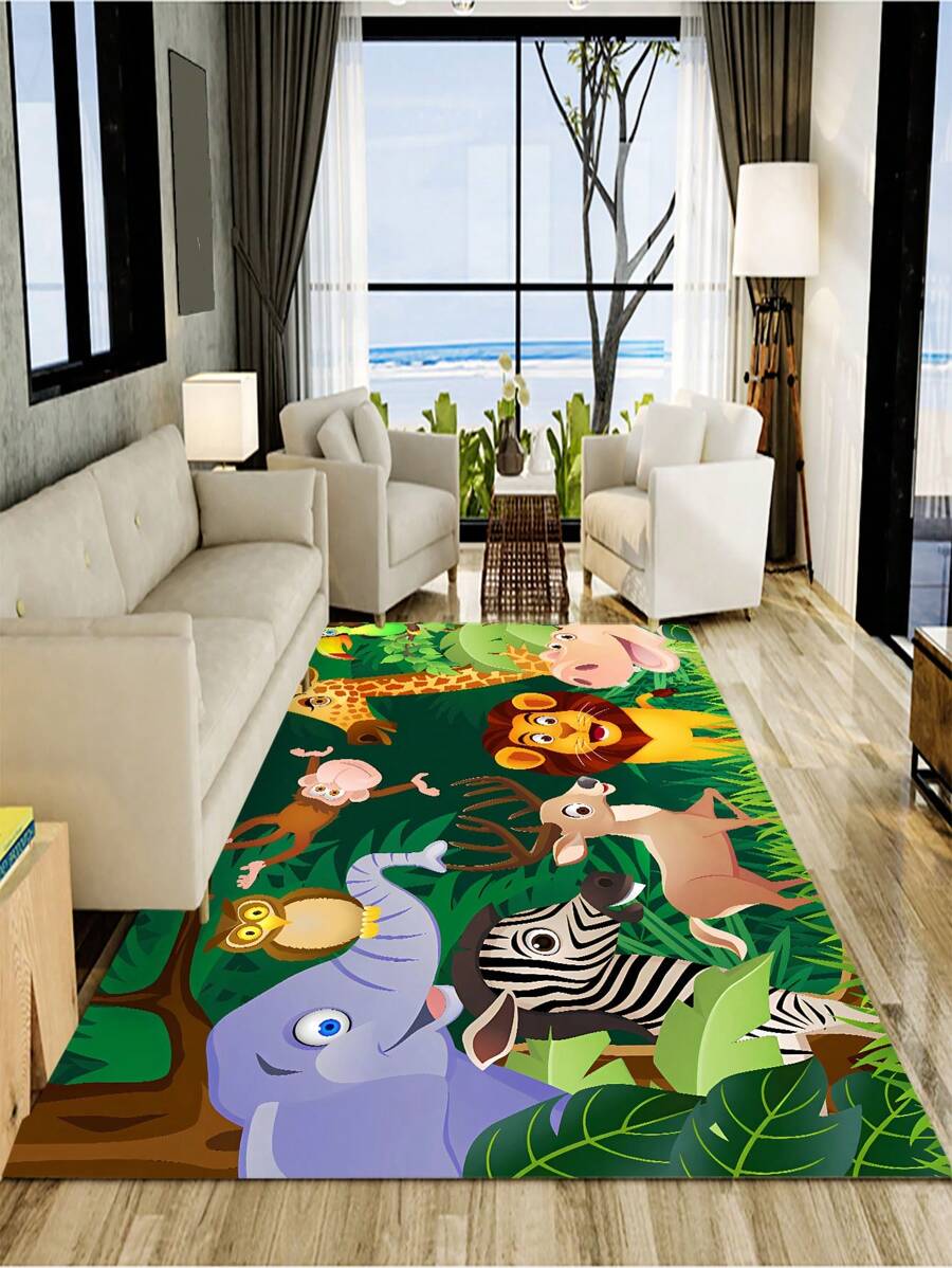 1 pieza Tapete de piso suave y absorbente de poliéster con patrón de animales coloridos, para decoración de habitaciones del hogar