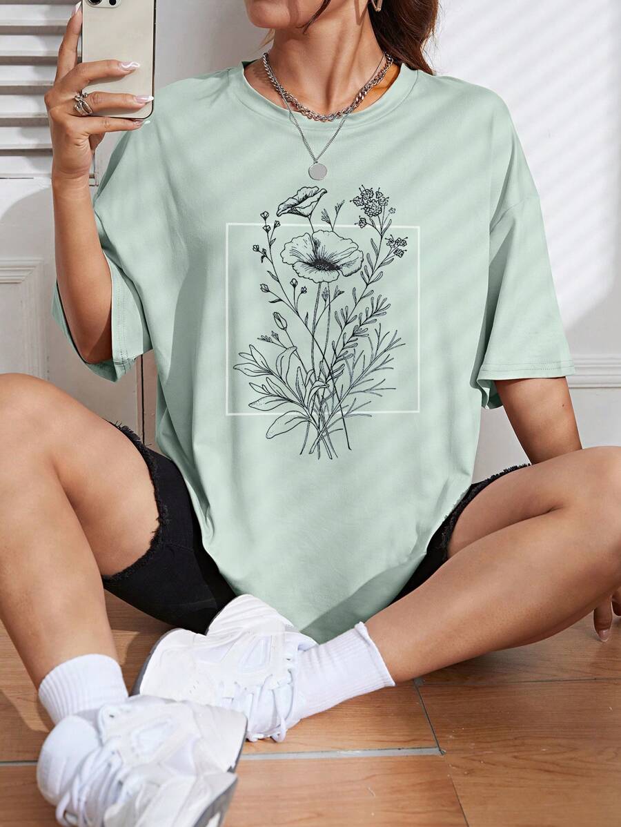 INAWLY Floral Print Drop Shoulder Tee Graphic Tees Women Tops