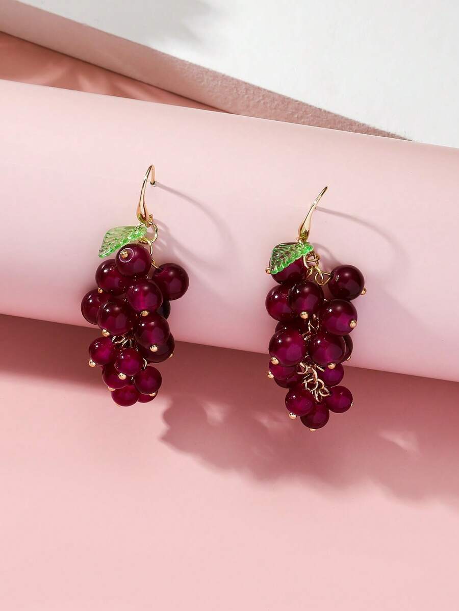 2pcs Fruit Series Crystal Grape Pendant Earrings For Women, Suitable For Travel Leisure Gathering, Fashionable Bohemian Style Tassel Earrings