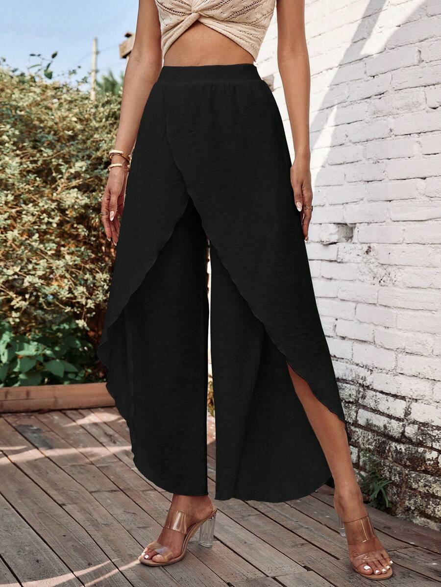 SHEIN LUNE Solid Tulip Hem Wide Leg Pants