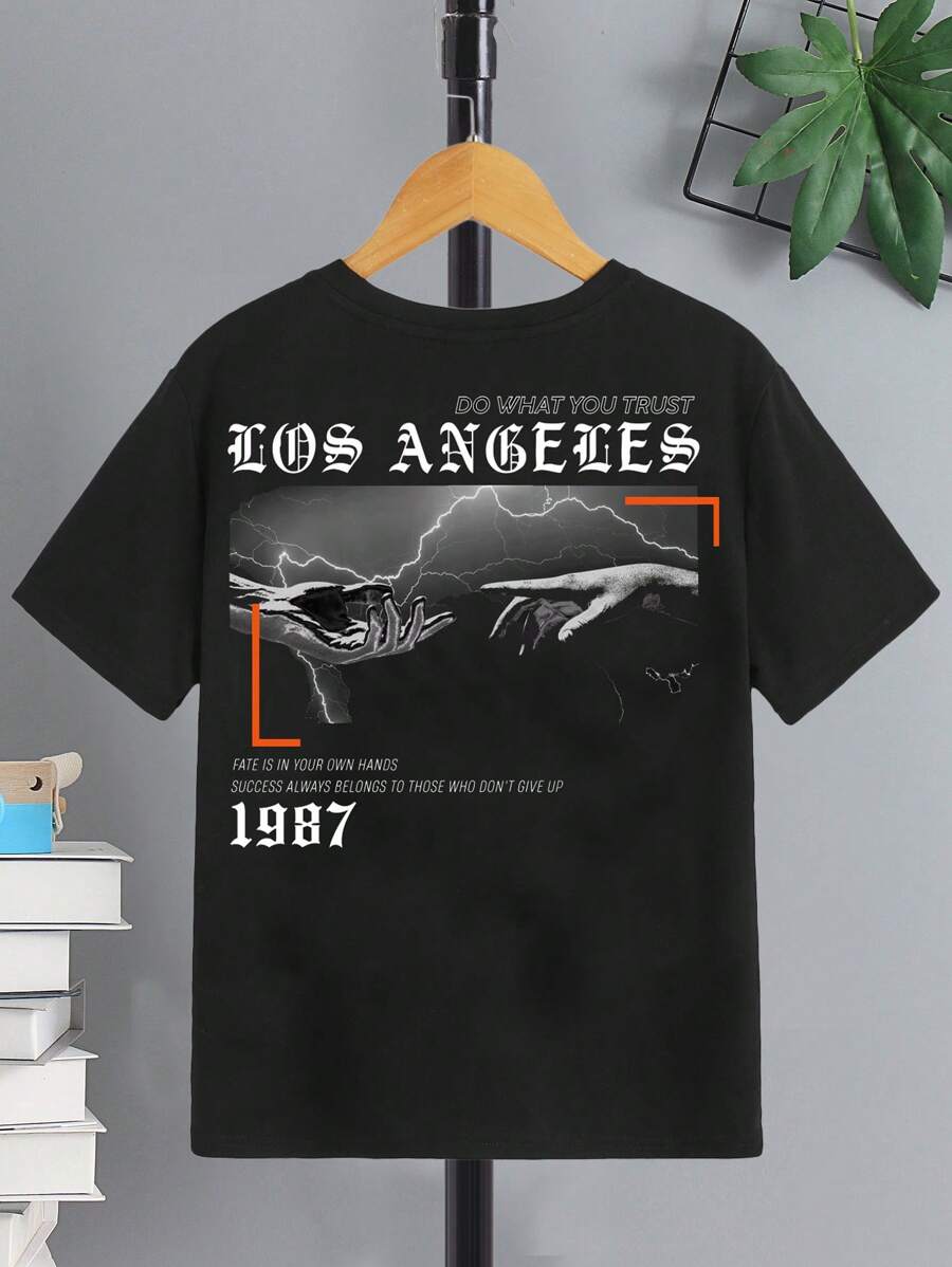 SHEIN T-shirt à manches courtes tricoté imprimé de vacances décontracté pour garçon préadolescent à col rond