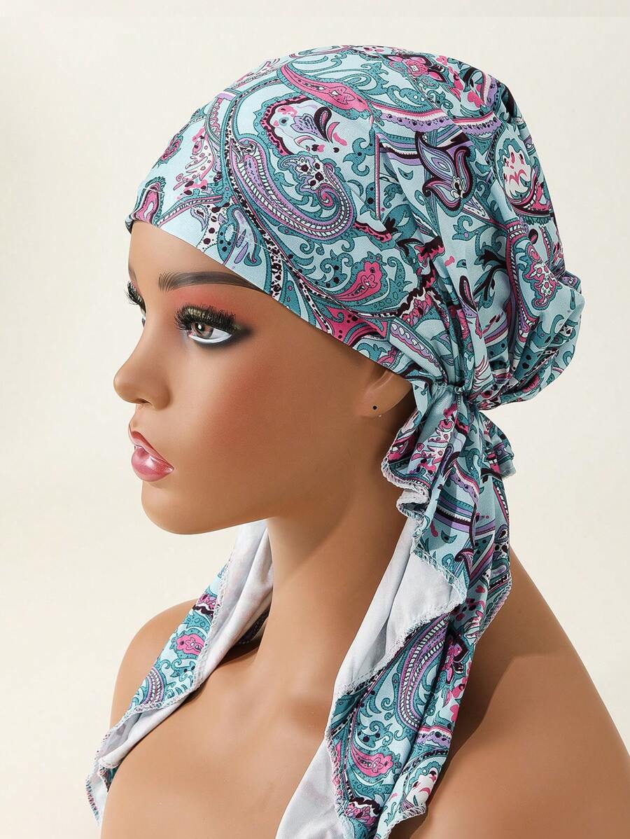 1pc Women Paisley Print Fashionable Long Tail Head Wrap For Daily Silk Bonnet Satin Bonnet