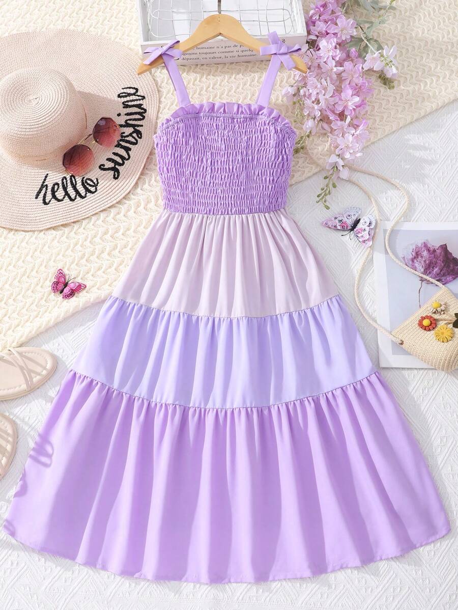 SHEIN Vestido Cami Acanalado Con Volantes Y Dobladillo De Bloques De Color Para Niña Adolescente