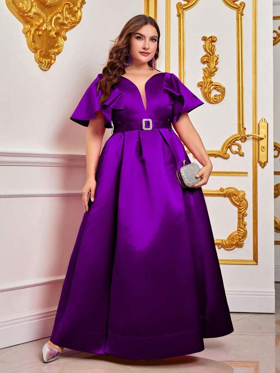 Plus Ruffle Trim Belted Satin Dress