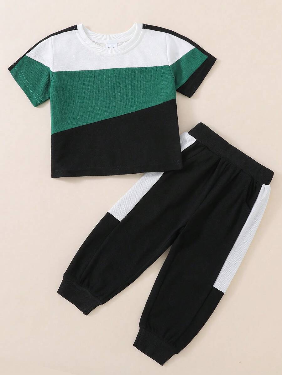 2pcs Babys' Summer Color Block Short Sleeve Top And Casual Pants Set For Sports