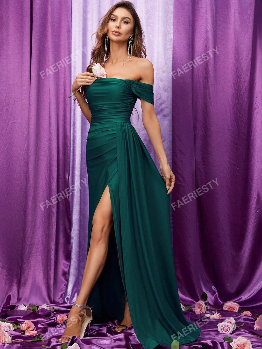Faeriesty Elegant Satin Off-Shoulder Evening Gown With High-Slit Hem | Perfect For Bridesmaids, Evening Parties, Luxury Weddings, Galas, Or Red Carpet Appearances Bridesmaid Dress