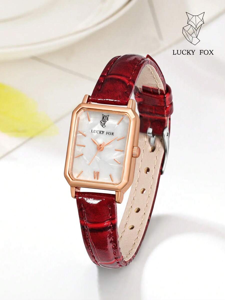 LUCKYFOX 1pc Women Red Crocodile Embossed PU Polyurethane Strap Casual Square Dial Quartz Watch, For Daily Life As A Gift For Students Returning To School