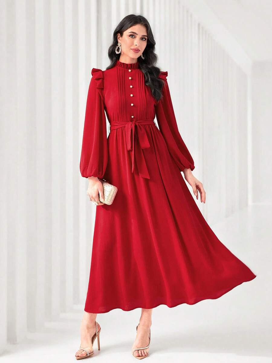 Modelyn Robe longue de soirée modeste avec manches longues en lanterne, volants et ceinture