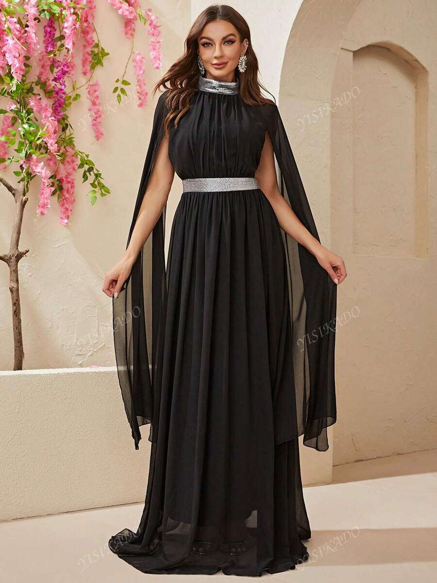 YISIKADO Mock Neck Cloak Sleeve Chiffon Formal Dress