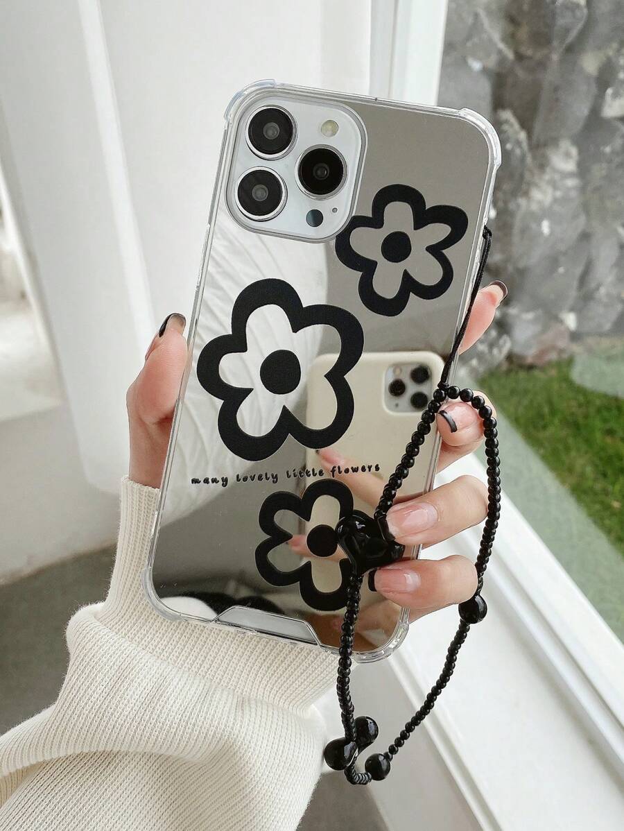Floral Print Mirror Phone Case With Lanyard
