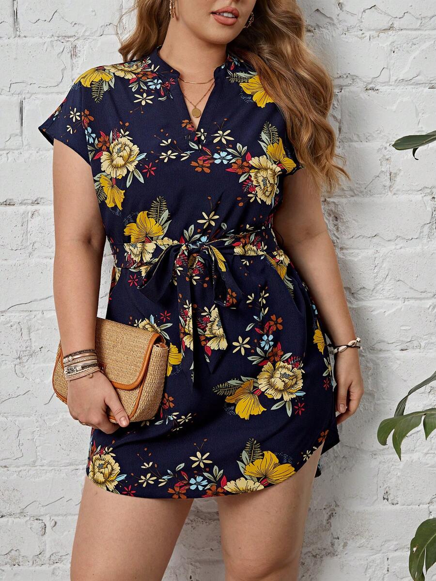 SHEIN Clasi Plus Floral Print Notched Neck Belted Dress, Summer,Beach Dress Sundress,Holiday Outfits Boho