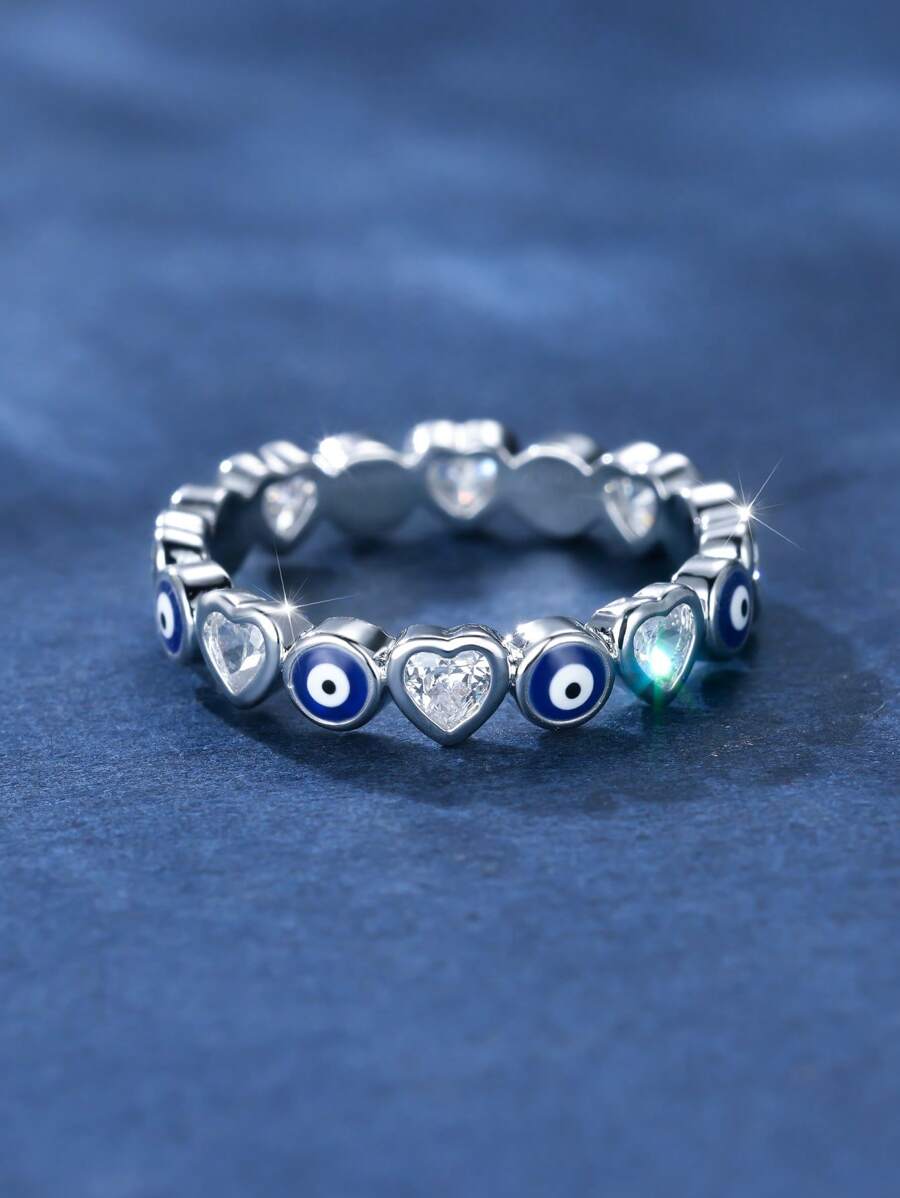 Anillo de lujo para mujer con forma de ojo maligno y corazón, hecho con circonita cúbica, un regalo perfecto para la novia en una cita de San Valentín, mamá, madre, Día de la Madre