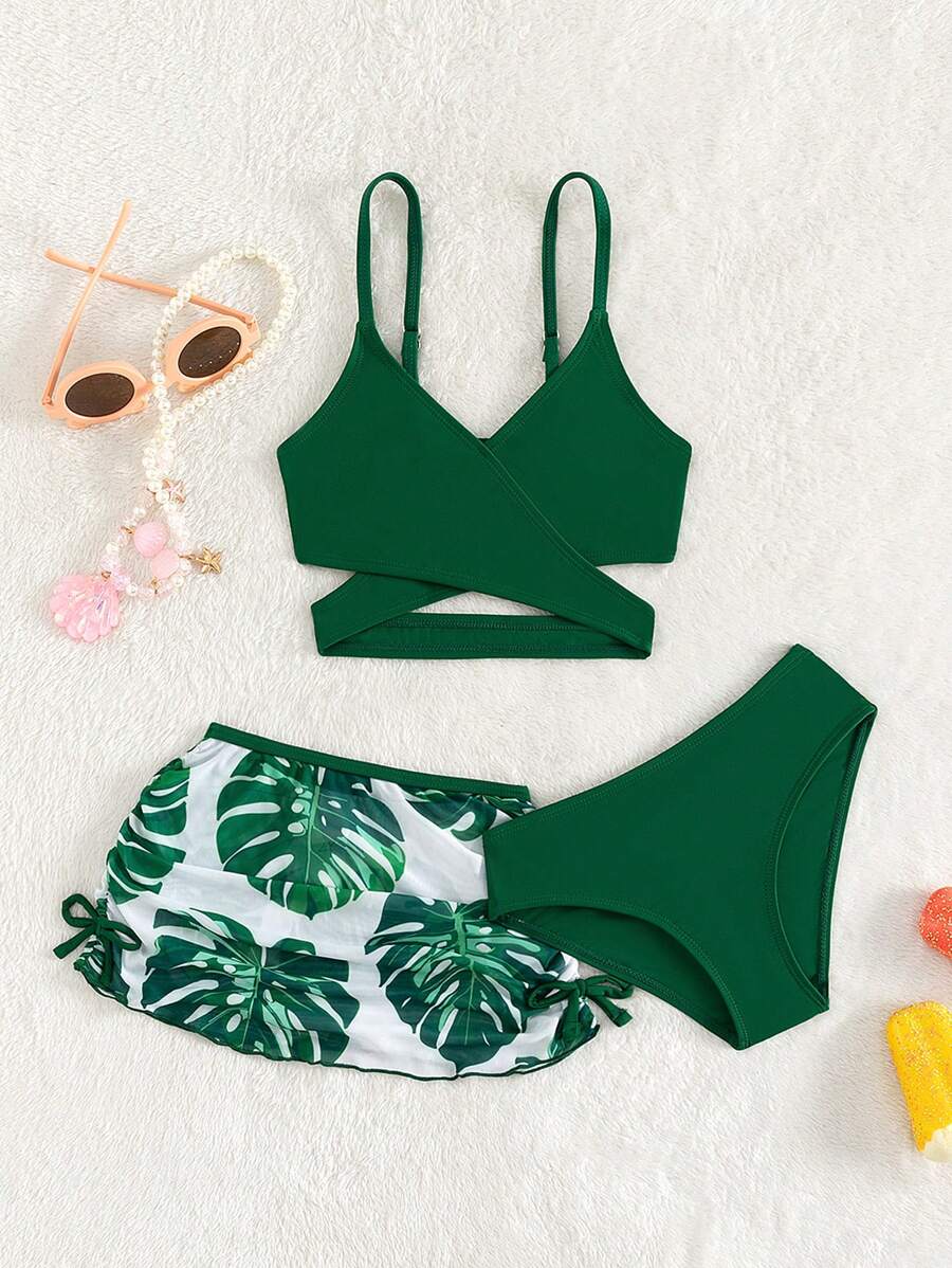 SHEIN Ensemble de bikini croisé à imprimé tropical avec jupe de plage pour jeune fille, été plage