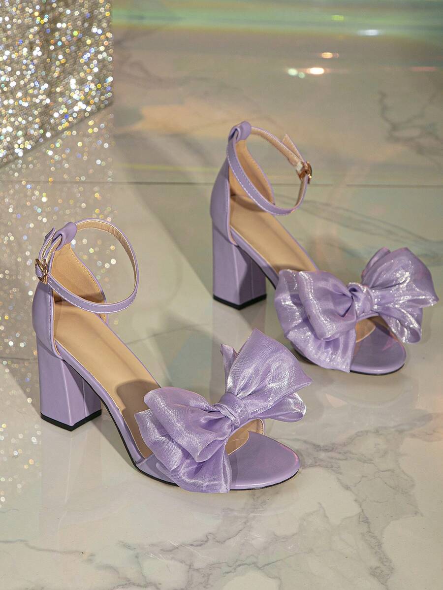 Fashion Purple Sandals For Women, Bow Decor Chunky Heeled Ankle Strap Sandals Valentines