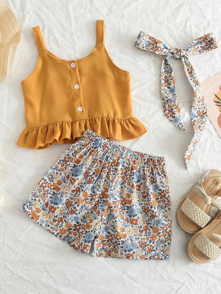 Top De Tirantes Con Dobladillo De Volantes Y Pantalones Cortos Con Estampado Floral Para Niña