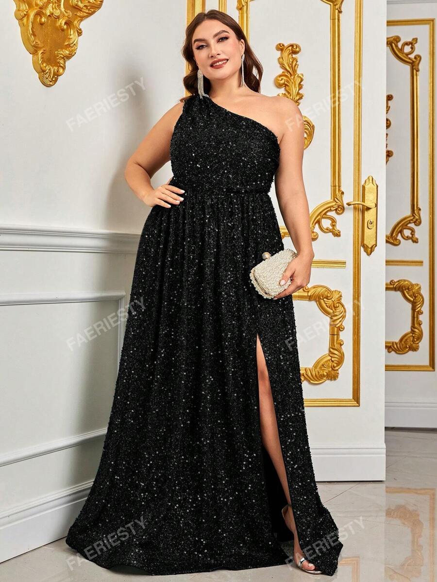 Plus Asymmetrical Neck Split Thigh Sequin Formal Dress Black Elegant Prom Evening Wedding Guest Gown, For Graduation, Dinner Party Dress