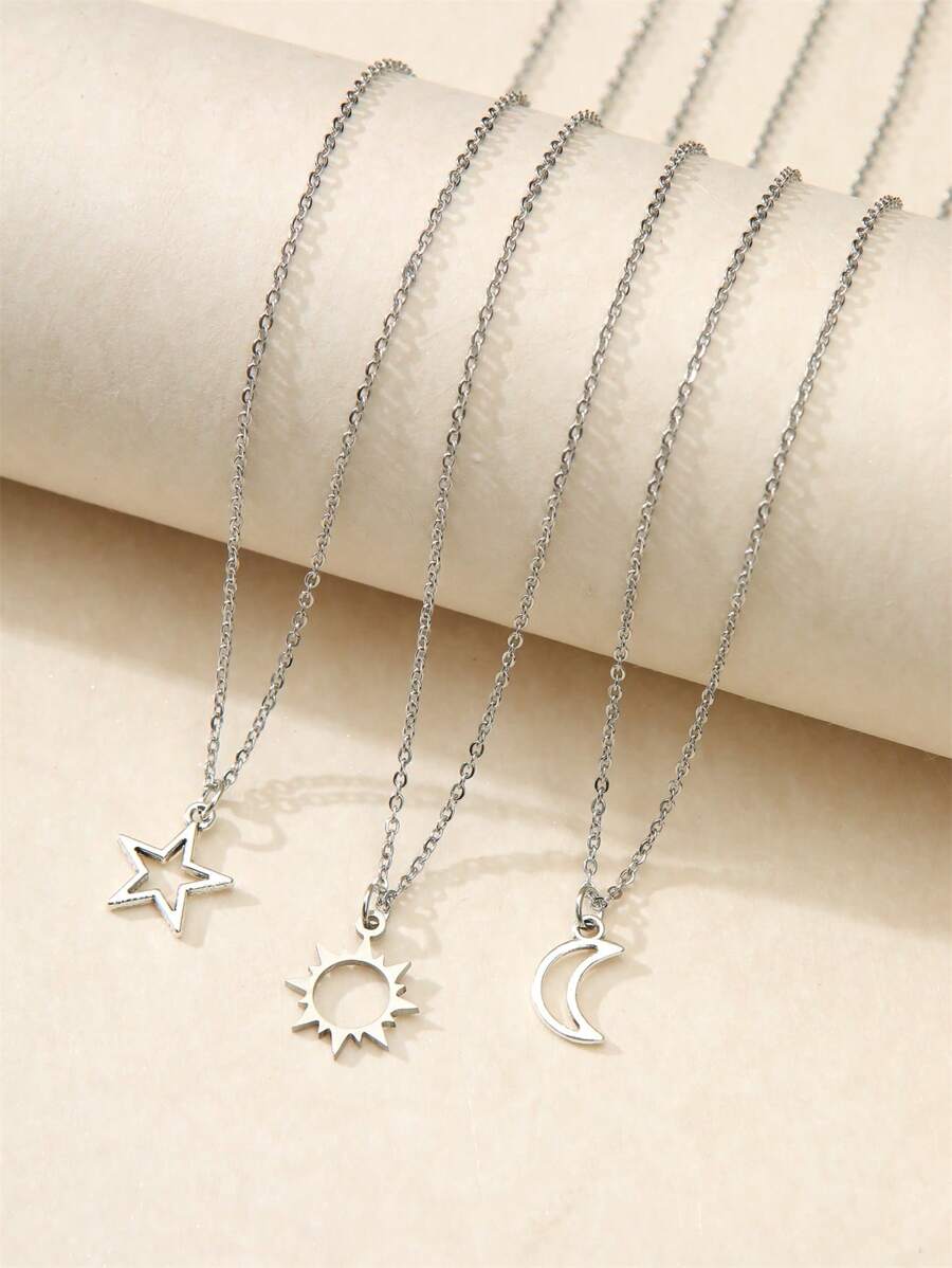 3pcs/set Silver Stainless Steel Necklace With Star, Sun And Moon Charm, Suitable For Women's Daily Wear, School Season And Holiday Gift