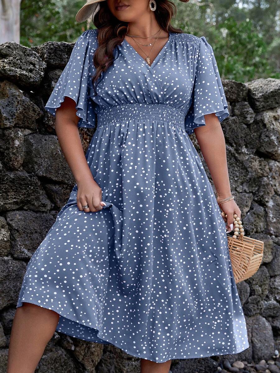 SHEIN Clasi Abito estivo con stampa a pois e maniche a farfalla, taglie comode