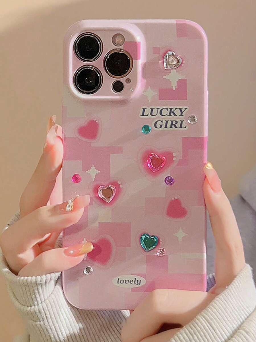 Letter Graphic Rhinestone Decor Phone Case