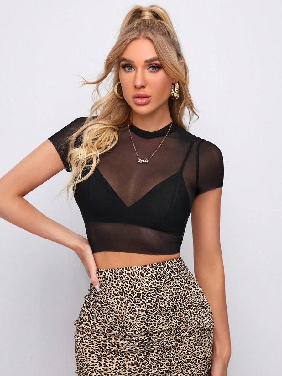 SHEIN BAE Mesh Fitted Top Without Bra