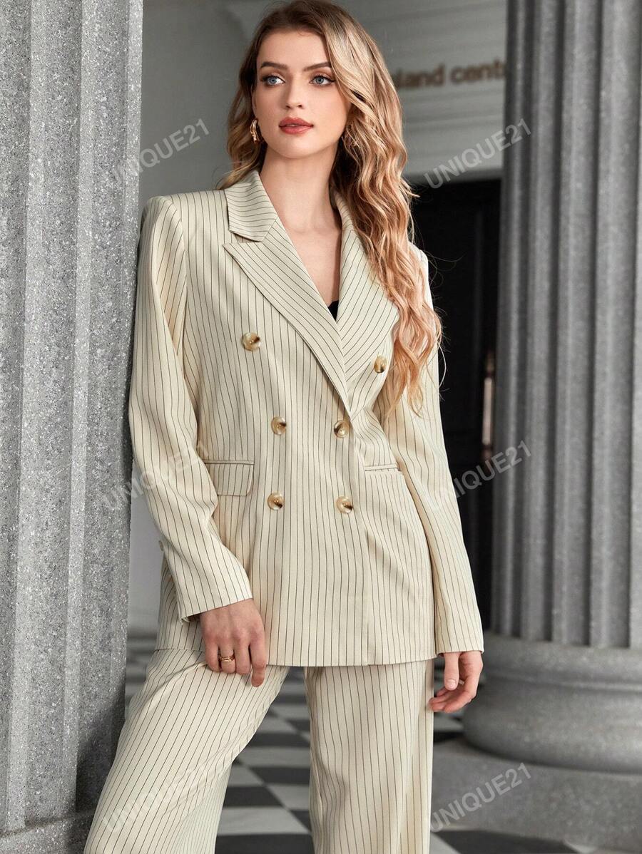 UNIQUE21 1pc Striped Print Double Breasted Blazer