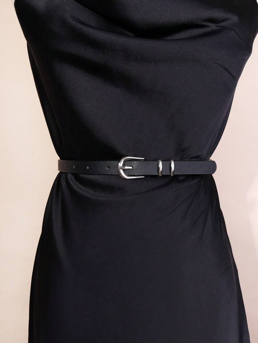 1pc Women Simple & Versatile Ladies Skinny Waist Belt With Metal Buckle For Dress Decoration, Black Summer, School